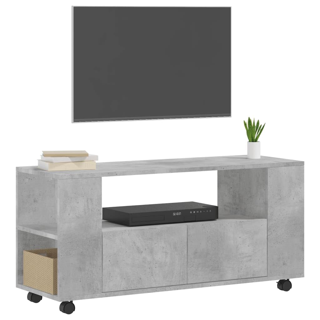 Szafka pod telewizor betonowa szara 102 x 34,5 x 43 cm z materiału drewnopochodnego z 4 kółkami i dużą ilością miejsca do przechowywania urządzeń multimedialnych i artykułów dekoracyjnych