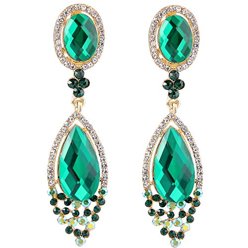 BriLove Women's Wedding Bridal Clip-On Dangle Earrings with Infinity Figure 8 Crystal Teardrop Chandelier Emerald Color Gold-Toned