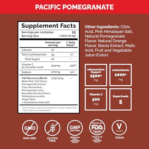 Voli Muscle Recovery Post Workout Drink Mix Packets | + Superfoods Curcumin, Tart Cherry, Ginger & Glutathione | Leg Cramp & Inflammation Support | No Added Sugar, 15 Count, Pacific Pomegranate - Image 4