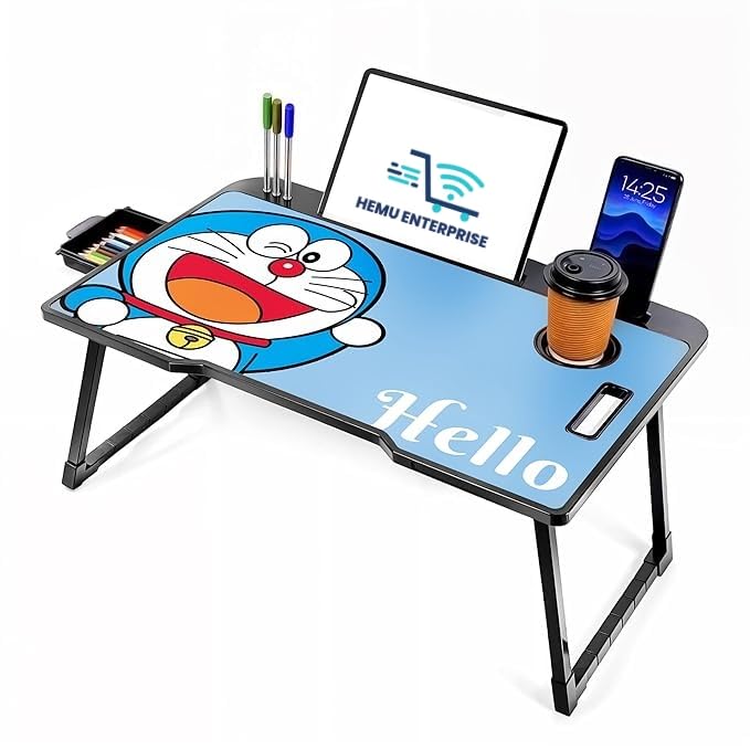 Image of Foldable Wooden Mini Laptop Table for Bed, Study Table with Drawer, Mobile Holder(COTTED DOREMON)