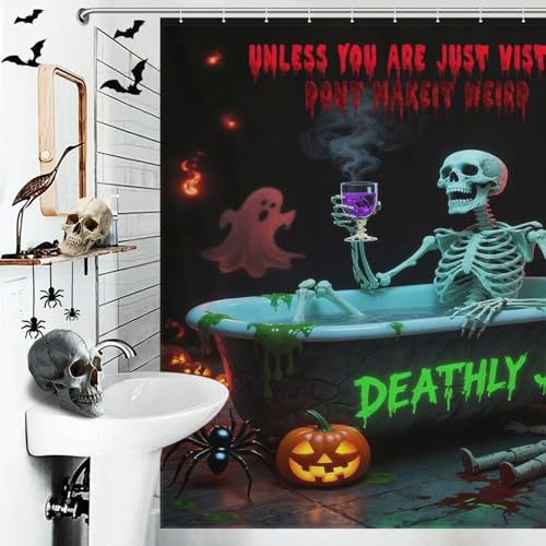 Funny Skull Skeleton Shower Curtain for Scary Halloween Decorations Gothic Spooky Ghost Pumpkin Waterproof Fabric Shower Curtains with Hooks for Horror Bathroom Decor Haunted House Props 72x72Inch - image 3