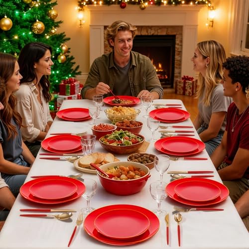 DaYammi 150Pcs Red Plastic Plates & Gold Cutlery with Red Handle,Christmas Disposable Plates Set Include 30 Dinner Plate, 30 Dessert Plate,30 Knives,30 Forks,30 Spoons for Christmas Party Holiday – Image 4