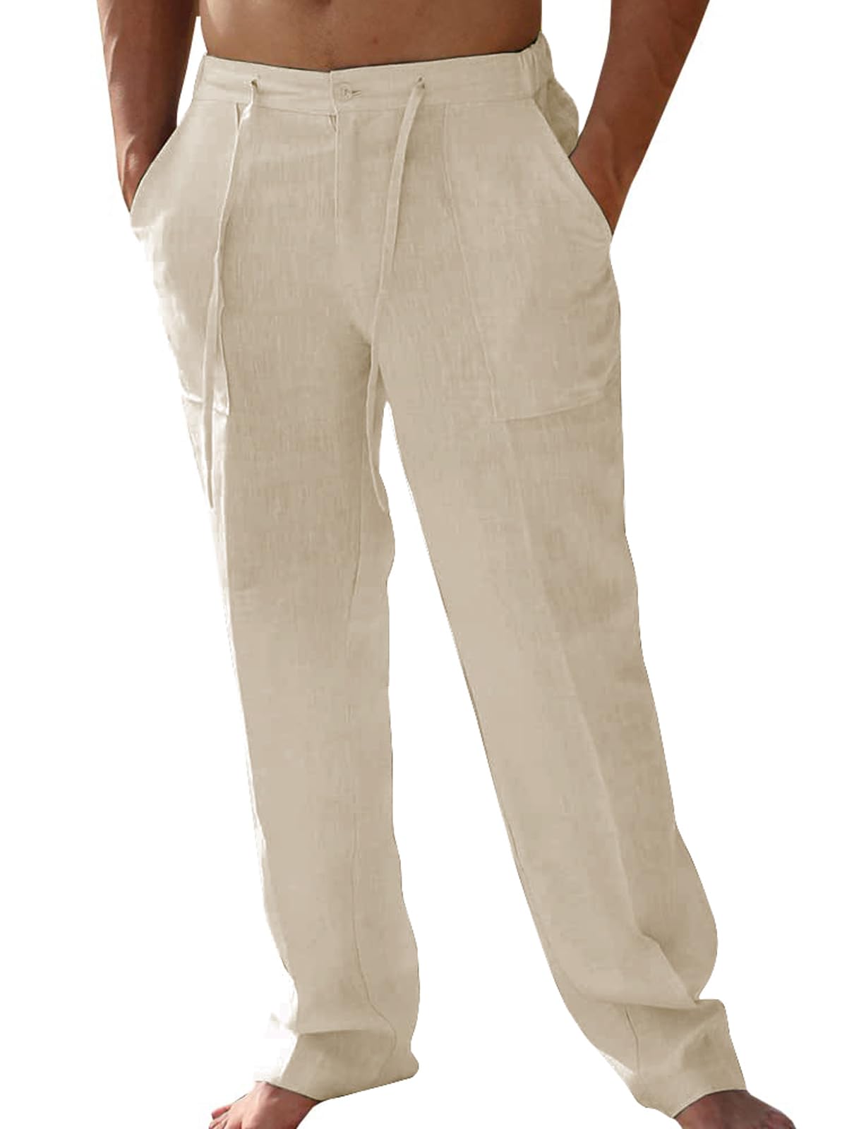 Friptspyg Leinenhose Herren Lang mit Taschen Einfarbiges Enthält Leinen Freizeithose Leicht Sommerhose Loose Fit Haushose mit Kordelzug Alltag
