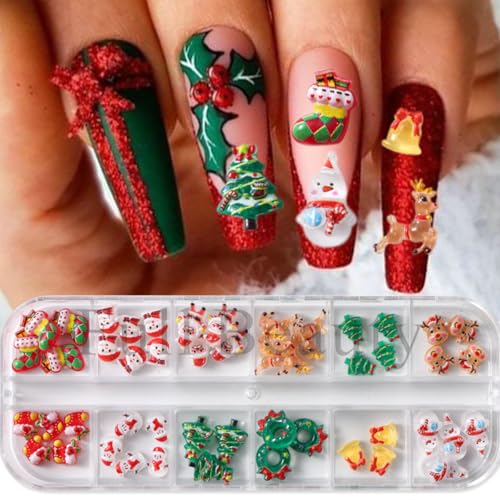 Christmas Nail Art Charms Set 3D Resin Christmas New Year Nail Charms Winter Snowman Nail Art Supplies Santa Claus Deer Gloves Christmas Tree Nail Art Accessories for Women 12 Grids