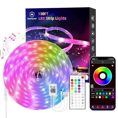 Image of 100 FT outdoor LED strip lights (2 rolls of 50 FT), IP65 waterproof, music synchronization RGB LED light, with 44 key remote control and application, used for outdoor, balcony, and roof decoration
