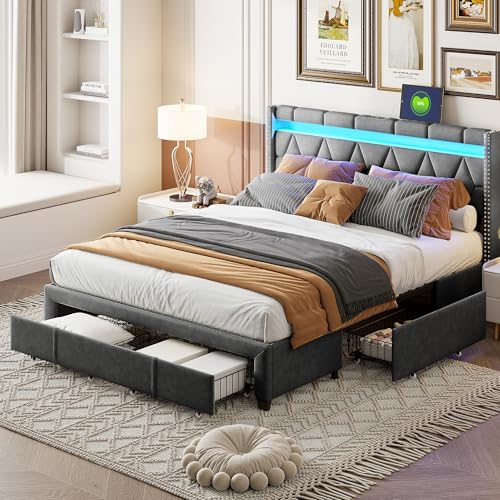 KSFASHZ Cama con cajones, 140 x 200 cm, cama doble tapizada de lino, 140 x 200 cm, cama juvenil con LED y USB, estructura de cama acolchada con 4 cajones y cabecero