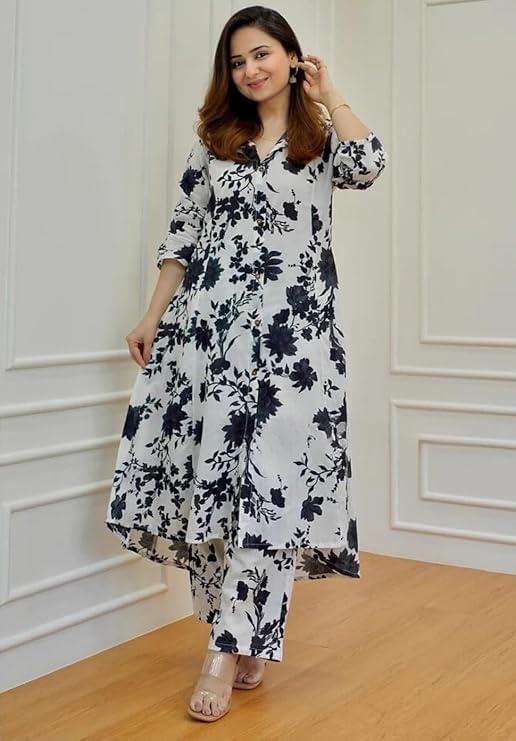 Image of GRECIILOOKS Co ord set for women stylish | Anarkali Kurta-Set - Viscose Printed Kurta & Straight Pant | kurtis| Festive Indian Traditional Outfit Dress for Functions & Puja | Trendy Travel & Streetwear Look for Woman | 3 /4 Half Sleeve