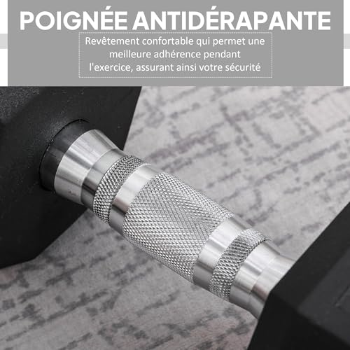 HOMCOM Haltère courte poids 12,5/15/20 Kg - Haltère hexagonale entraînement musculaire & haltérophilie - métal caoutchouc noir – Image 5