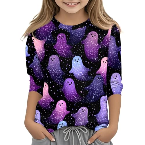 Kids Halloween Print 3/4 Sleeve T-Shirt Cute Pattern Soft Crewneck Top for Girls and Boys Black White Tee