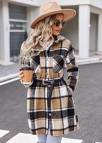 HOTOUCH Womens Flannel Plaid Shacket Jacket Casual Lapel Button Down Tartan Trench Coat Long Sleeve Shirts with Pockets4