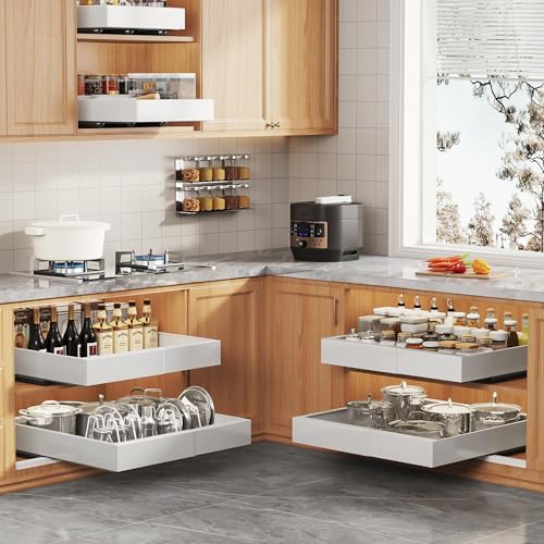 4Pack Expandable Pull Out Cabinet Organizer 21"Deep with Raising Pad for Framed Cabinets,Slide Out Drawers with 4pcs Divider Racks,Roll Out Shelves Adhesive,Adjustable Width 12.05"-20.4"White