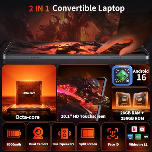Image of Android Tablet with Keyboard - Android 16 tablet with 26GB+256GB+2TB Expand, 10 inch Tablet with 8-Core, Gemini AI, 5G WiFi, 8000mAh, GPS, GMS, Electronic Tablet PC with Case /Mouse /Stylus-Black Case