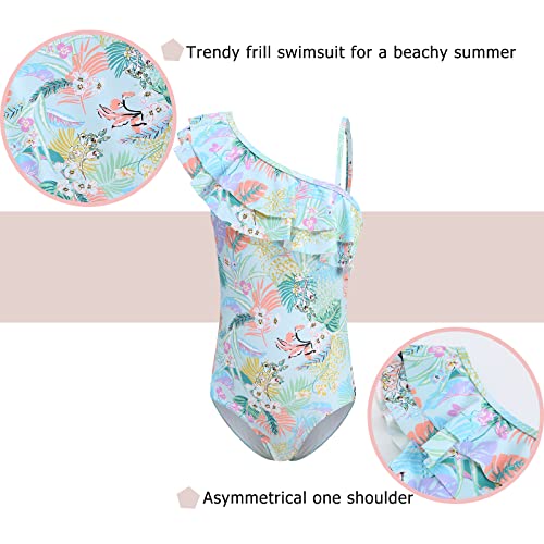 Image of Girls One Piece Swimsuits One Shoulder Ruffle Bathing Suit Kids Hawaiian Floral Swimwear 3-16 Years