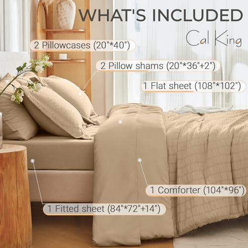 Image of MUXHOMO 7 Pieces California King Comforter Set, Seersucker Bed in a Bag Cal King Size, All Season Luxury Bedding Set with Comforter, Flat Sheet, Fitted Sheet, Pillowcases & Shams, Khaki