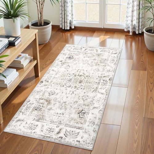 Homcomodar Alfombra Pequeña Entrada Beige 60x120cm Antideslizante Lavables en Lavadora Tapetes Habitacion Cocina Exterior Tapete Vintage Flor Pelo Corto Carpete