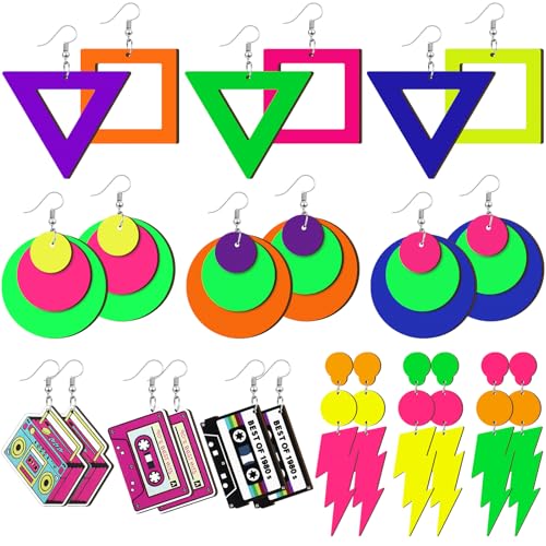 Misdary 12 Pairs 80s 90s Neon Earrings for Women Retro Pendant Geometric Cassette Tape Jewelry Colorful Neon Wooden Drop Dangle Earrings for 80's 90's Glow Party Accessories