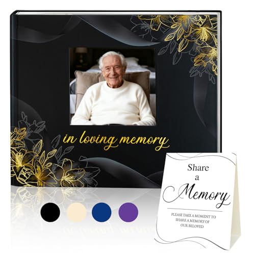 Image of Funeral Guest Book, in Loving Memory Sign in Book with Photo Slot | 330 Entries, Table Sign Card Included, Gold Stamping, Twill-Textured Paper Cover, Celebration of Life Keepsake, 9x7.5 inch, Black
