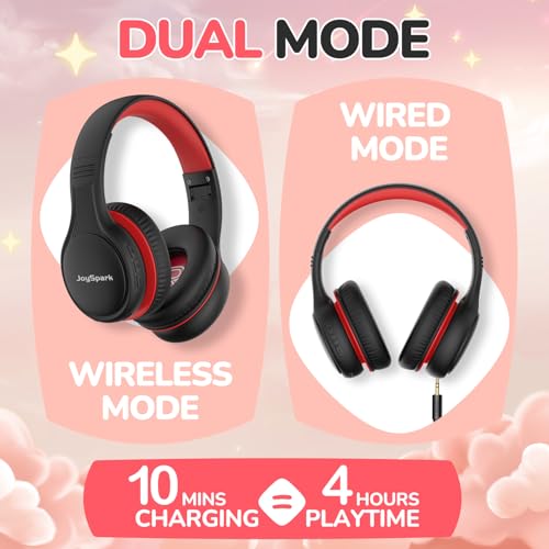 Image of JoySpark Kids Bluetooth Headphones, 60 Hours Playtime, Bluetooth 5.4 Kids Headphones Wireless, Type-C Fast Charging, 85 /94dB Volume Limited, Foldable Toddler Wireless Headsets with Mic-Black Red