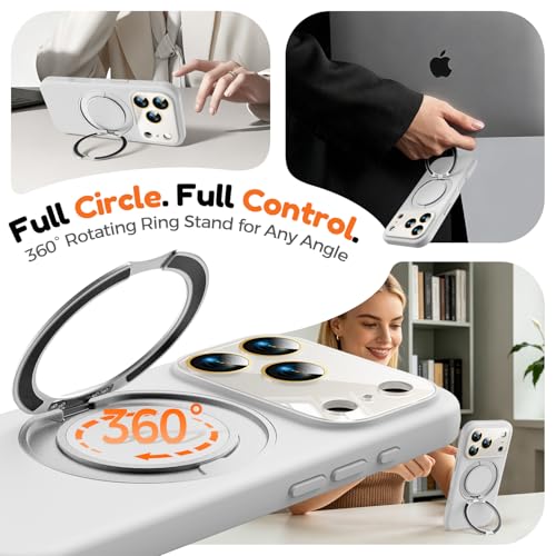 Image of Silicone 360 Spin Magnetic Stand Case for iPhone 17 Pro, [Compatible with Mag-Safe][Reinforced Hard Camera Protection] Liquid Silicone Rubber Phone Case Cover with Ring, Camera Button, White