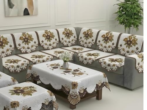 Image of Fab Nation Sofa Cover L Shape 7 Seater with 2 Arm + 2 Setty + 1 Table Cover | Home Furniture Decor