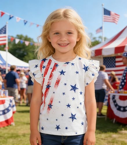 Image of Tkria Girls 4th of July Tank Tops Red White and Blue Shirt Toddler Girl American Flag Patriotic Outfit 2-7 Years