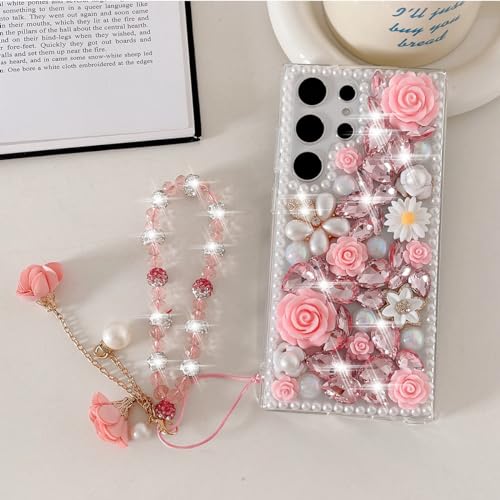 Image of Changjia for Samsung Galaxy S24 Ultra Glitter Bling Case, Cute Luxury 3D Sparkle Crystal Rhinestone Flowers Diamond Pearl with Lanyard Wrist Strap Women Girls Case for Galaxy S24 Ultra 6.8 Inch (Pink)