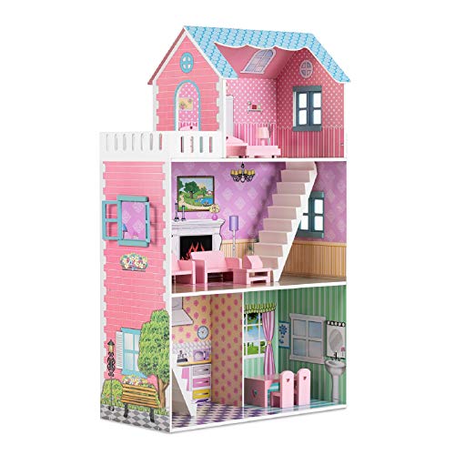 Mecor Kids Dollhouse 42 inch Height,3 Level Wooden Children Open Playhouse with Furniture