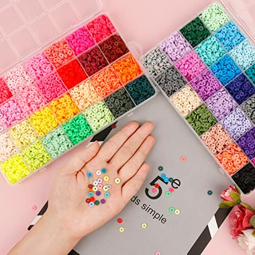 Polymer Clay Heishi Bead Kit (14430 Pieces) - 6mm Flat Round Disc Beads in 56 Colours with Pendant Charms & Jump Rings - Spacer Beads for Necklaces, Bracelets, Earrings & DIY Jewellery Making Crafts
