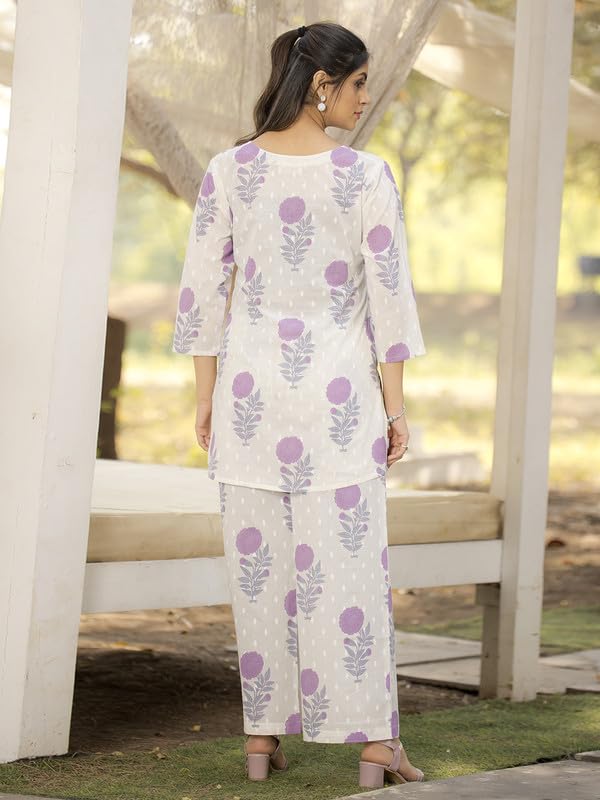 Pinkmint Women's Pure Cotton Co Ord Set L Flower Printed Co Ord Set L Stylish Pocket & 3/4 Sleeve Women Co-Ord Set