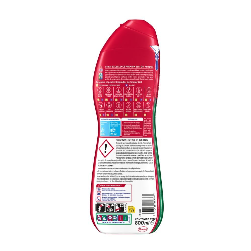 Somat Excellence Gel Anti-Grasa 50 Dosis (pack de 4, total: 200 lavados), detergente lavavajillas líquido automático en botella, jabón para platos con desengrasantes activos