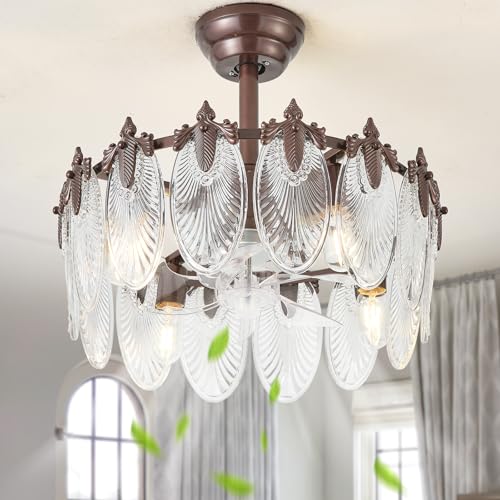 Image of 20 Inch Brown Crystal Fandelier Ceiling Fan with Light, Vintage Brown Ceiling Fans with Lights Remote Control, Caged with 6 Speeds for Bedroom, Nursery, Living Room
