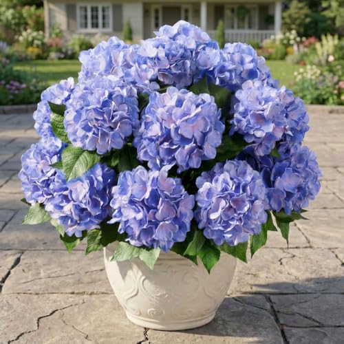 Sousi Hydrangea Artificial Flower for Outdoor 4 Bundles Fake Hydrangea Bush Plant UV Resistant for Outdoors Front Porch Indoor Home Garden Decor(Blue)