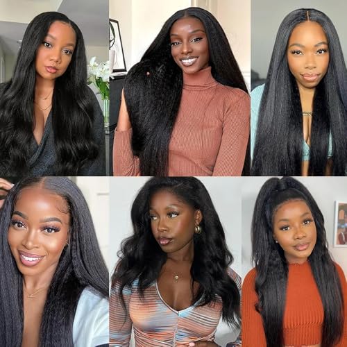 Image of Kinky Straight Lace Front Wigs Human Hair Pre Plucked With Baby Hair 4x4 Transparent Yaki KinkyStraight Human Hair 180% Density Yaki Straight Lace Frontal Wigs for Women 20 Inch