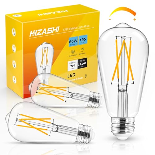 Hizashi Vintage LED Edison Bulb Dimmable, 6W Equivalent 60W, 2700k Warm White, E26 Base Led Light Bulbs, 700LM, High CRI 95+ Eye Protection, Clear Glass, Pack of 3