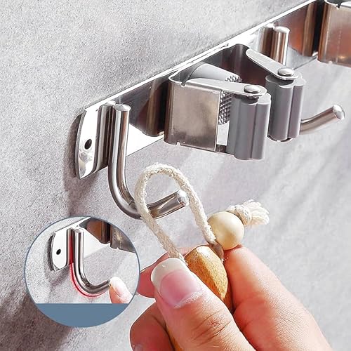 Image of Broom Mop Holder Wall Mount Stainless Steel Wall Mounted Storage Organizer Heavy Duty Tools Hanger with 4 Racks 5 Hooks for Kitchen Bathroom Closet Garage Office Garden 1Pc broom holder
