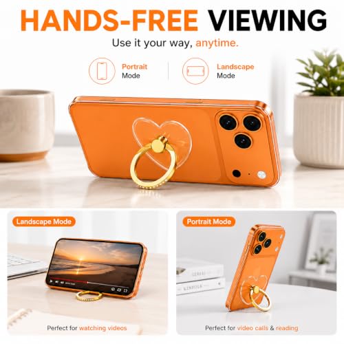 Image of Mizi 2Pack Transparent Heart Phone Ring Holder Kickstand, Bling Crystal Finger Grip Stand with 360 Rotation for iPhone, Samsung, Android Phones & Cases - Gold