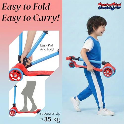 Image of STREETJAM Komiks Kids Kick Scooter for 3-12 Years, Tilt & Turn Safety Lock (1st Time in India), BIS Approved, Lean-to-Steer, Wide Deck, Adjustable Height, Up to 35 kg Load (Red with Blue)