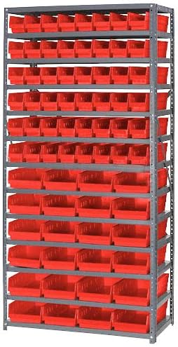 Global Industrial 13 Shelf Steel Shelving with (72) 4" H Plastic Shelf Bins, Red, 36x18x72