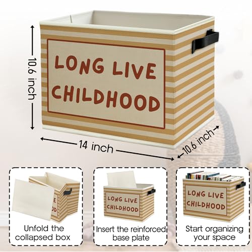 Image of Kids Storage Bins Box with Handles, Burnt Orange Striped Collapsible Basket Organizer for Kids Room Nursery Bedroom Bathroom Books Clothes