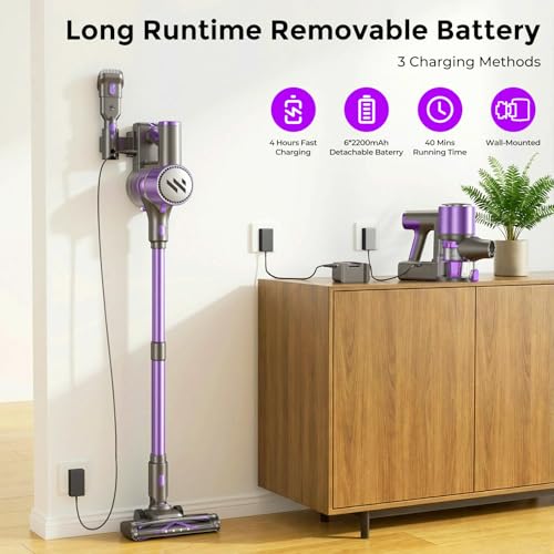 Image of WLOTPO Vacuum Cleaners for Home,Cordless Vacuum Cleaner,Lightweight Stick Vacuum Cordless Rechargeable,Self-Standing Design,LED Touch Screen,Vacuum for Hardwood Floors,Carpet,Pet Hair(Purple)