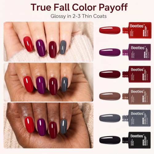Image of Beetles Fall Gel Polish Set, Burgundy Dark Red Brown Black Gray Colors,Hema-Free | 6 PCS 15ml Full Size Gel Nail Kit, Midnight Elegance, UV Nail Polish Color DIYManicure Home Salon