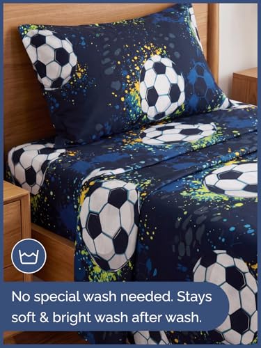 Image of Kids Twin Midnight Soccer Bed Sheets - 3 Piece Midnight Soccer Sheet Set | Midnight Soccer Themed Bedding, Ultra-Soft, Cute & Cozy, Breathable & Machine Washable, Bed Set for Boys, Girls & Teens, Cozy