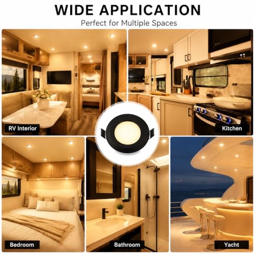 Image of 12V RV Recessed Puck Lights, Ultra-Thin, Warm White, Black, 6 Pack