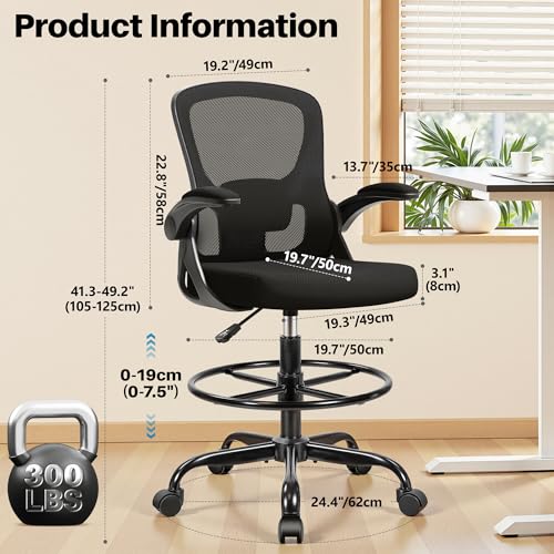 Image of Drafting Chair Tall Office Chair for Standing Desk - Ergonomic Computer Work Stool with Flip-up Arms, Foot Ring & Adjustable Lumbar Support. Ideal for Studio, Artist, Engineer, & Study (Black)