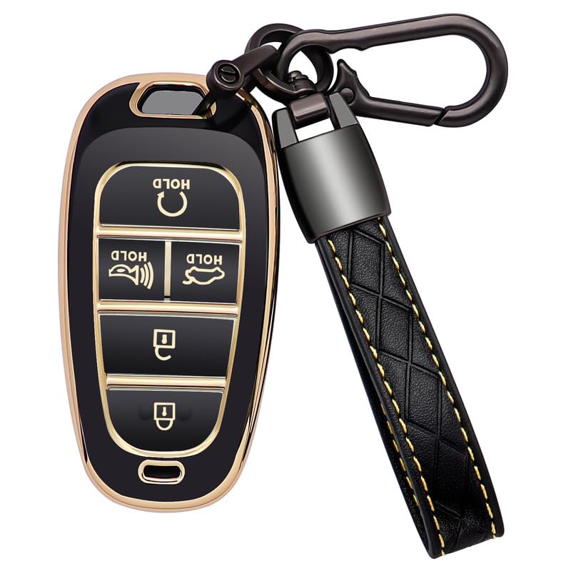 for Hyundai Key Fob Cover 5 Button Soft TPU with Leather Keychain 360 Degree Protection Car Key Case Shell Holder Fits for 2023 2022 2021 2020 Hyundai Sonata Santa fe Tucson, A Black