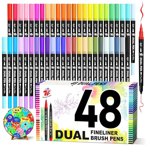 Brush Pens for Adult Coloring Books 48 Colors Dual Tip Art Markers Fine Tip for Outlining + Brush Tip for Coloring Water-Based Non-Bleeding Markers for Journaling Calligraphy Hand Lettering