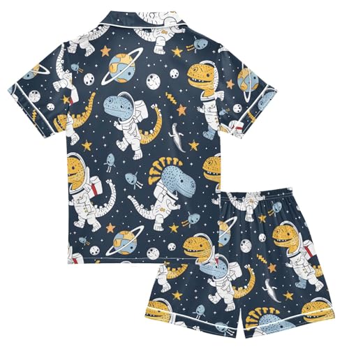 ALAZA Astronaut Dinosaur Star Blue Pajamas Satin Pajama Set Short Sleeve Button Down Sleepwear2