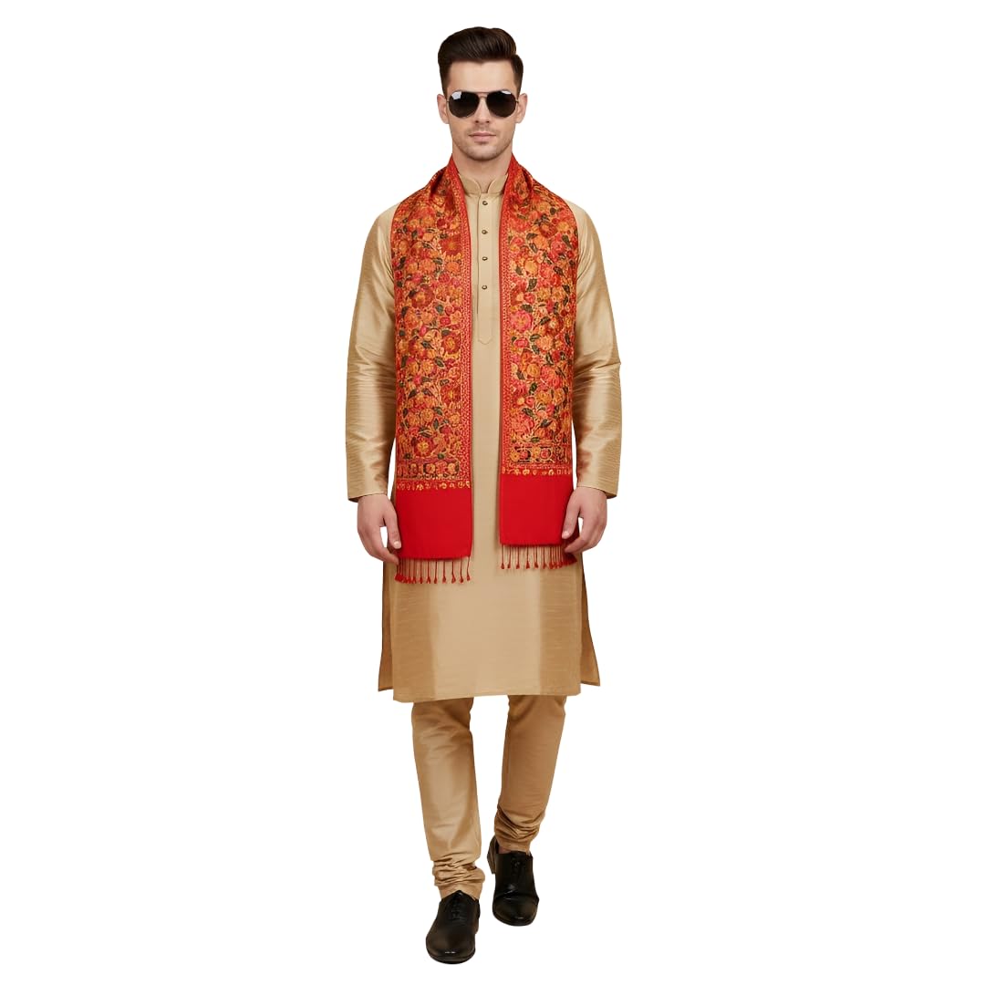 muffly Premium Wool Blend Men’s Embroidered Stole with Tasselled Edges -Red-picture-13