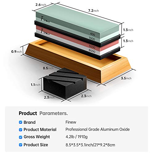 Knife Sharpening Stone Set, Finew Professional Whetstone Sharpener Stone Kit, Premium 4 Side Grit 400/1000 3000/8000 Water Stones, Non-slip Bamboo Base, Flatting Stone, Angle Guide