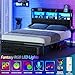 Furnulem Full Size Bed Frame with Wood Headboard, Metal Platform Bed Frame Full Size with 2 Storage Drawers and Shelf, LED Lights and Charging Station, No Box Spring Needed, Noise Free, Black